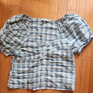 Madewell Blue Plaid Puff Sleeve Blouse- Women's Size Large